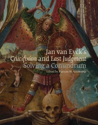 image of book cover of Jan van Eyck's Last Judgement and Crucifixion, including a painted detail of St Michael brandishing a sword over a skeleton
