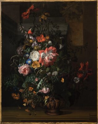 a painting of grouping of flowers in a vase on a stone ledge