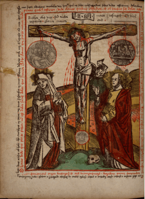 A woodblock image of a crucixion with Mary and John; handcolored in red, green and yellow