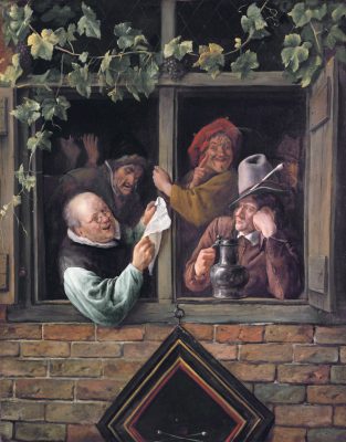 a painting of four men in a window. one is reading a letter and one has a jug of beer.