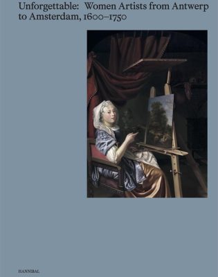a painting of a woman at an easel against a blue ground