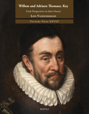detail of an oil painted portrait of a man in a ruff on a dark background with the title at the top.