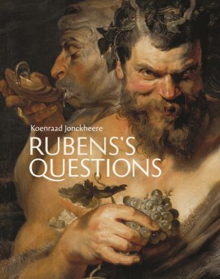 detail of a baroque painting of a grinning figure holding a bunch of grapes by Rubens